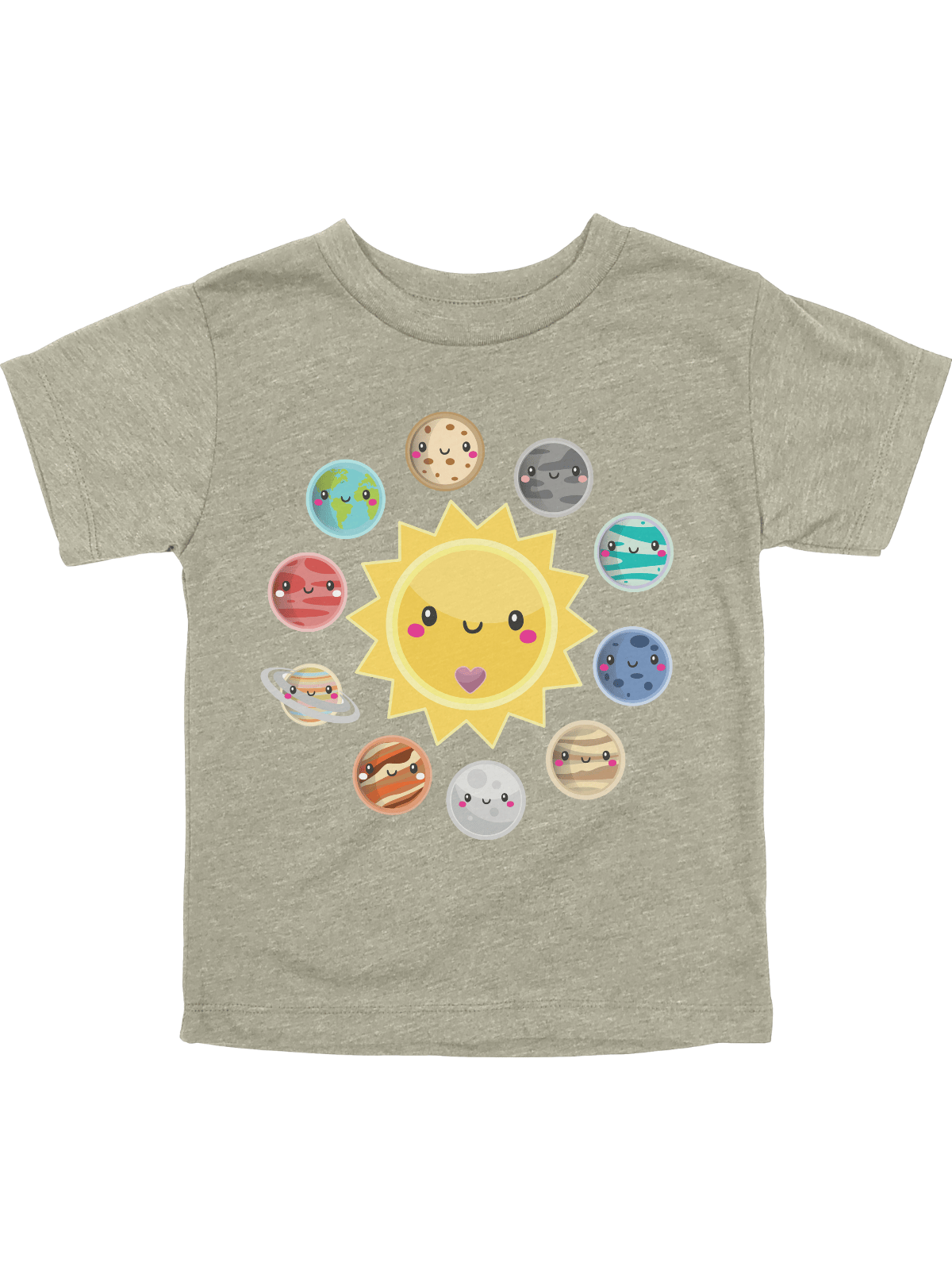 Cute kids solar system shirt with smiling sun and planets on heather stone tee by Mackenzie Madison of Philadelphia