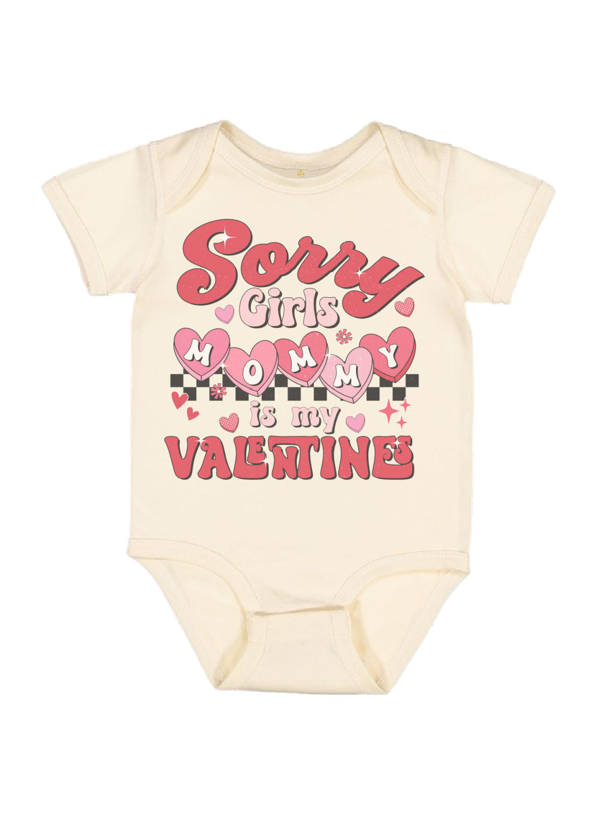 Sorry Girls Mommy is My Valentine long sleeve natural baby bodysuit with retro hearts design.