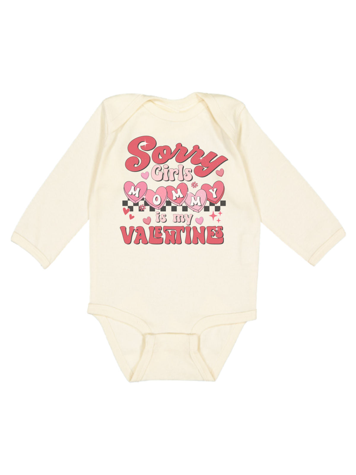 Sorry Girls Mommy is My Valentine long sleeve natural baby bodysuit with retro hearts design.