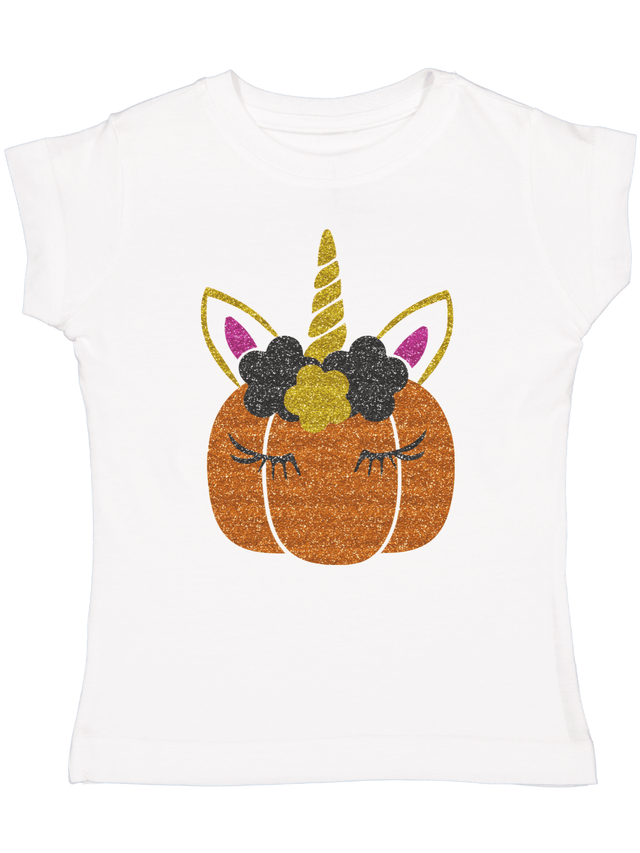 Girls short sleeve Sparkle Unicorn Pumpkin Halloween Shirt in white