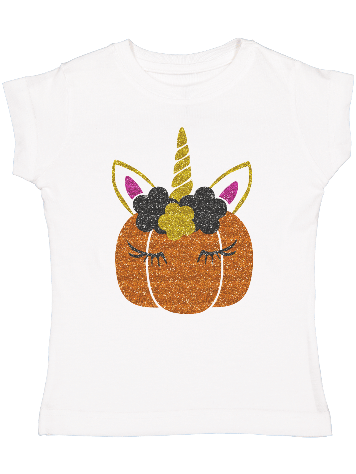 Toddler girl wearing personalized Sparkle Unicorn Pumpkin Halloween Shirt with glitter design