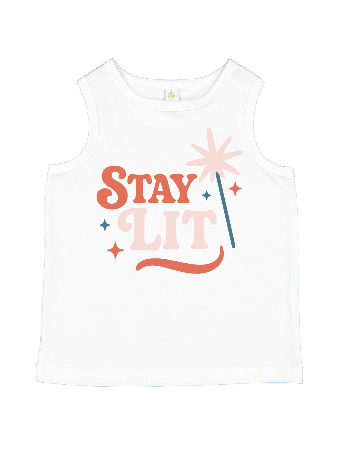 White kids tank top with retro “Stay Lit” text and pastel sparkler and star illustrations