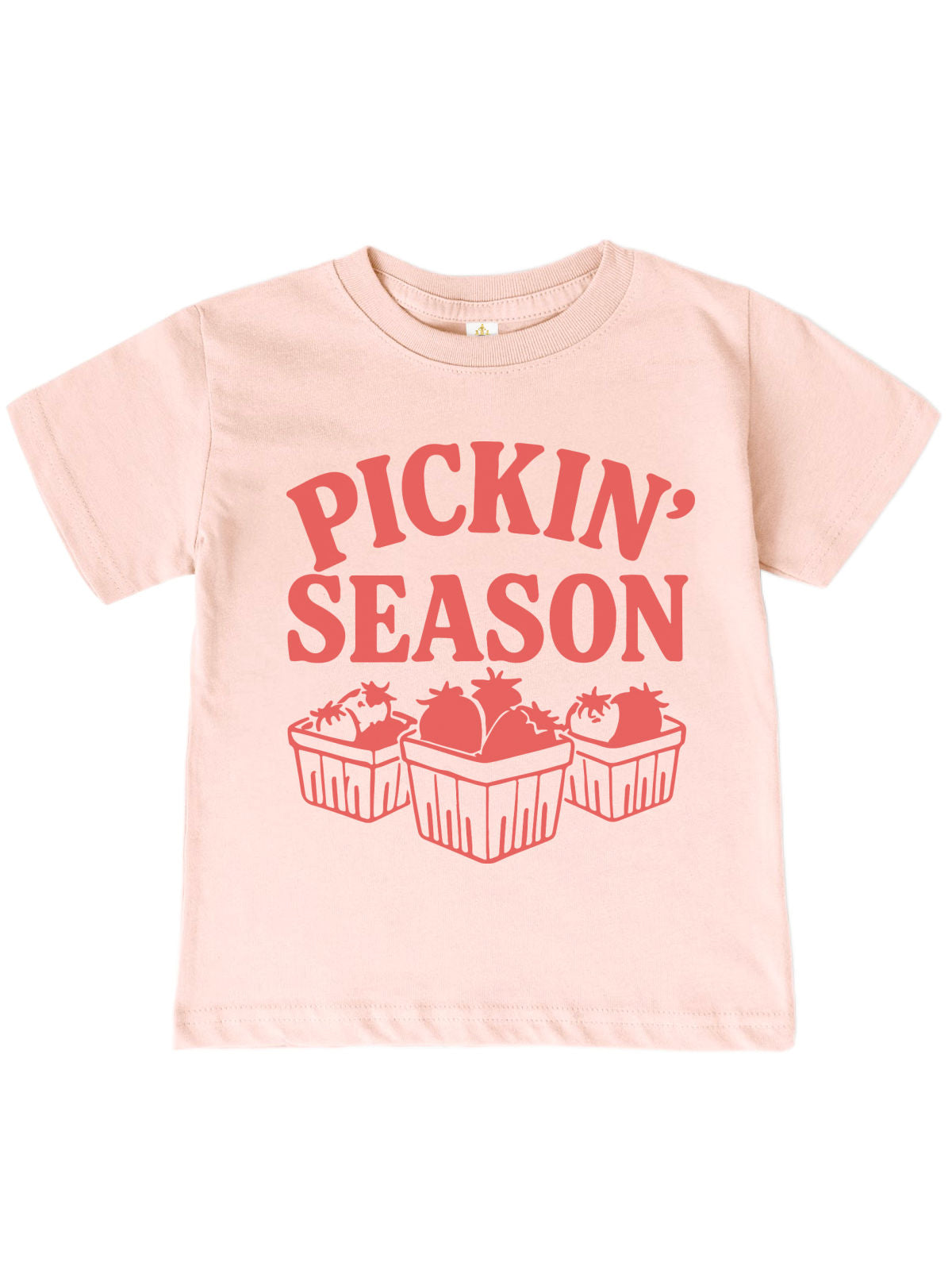Blush pink kids t-shirt with red “Pickin’ Season” text and three berry baskets printed on the front
