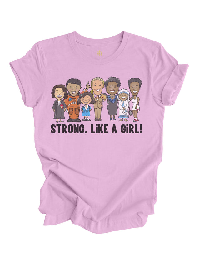 Lilac "Strong. Like a Girl!" Women's History Month t-shirt, featuring illustrated portraits of inspirational women leaders and changemakers.