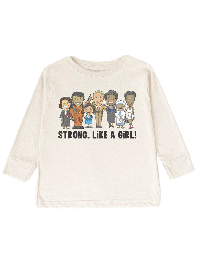 Kids' long sleeve Strong Like a Girl Women's History Month shirt featuring illustrated historic women, natural color.