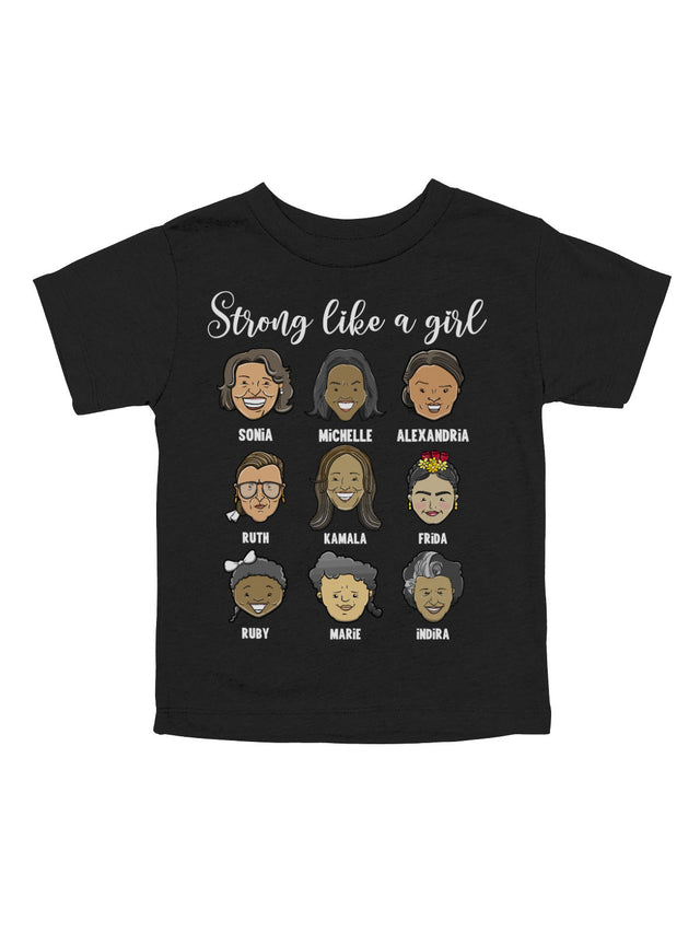 Strong Like a Girl Kids Women's History Month Black Short Sleeve Shirt featuring historical female leaders.