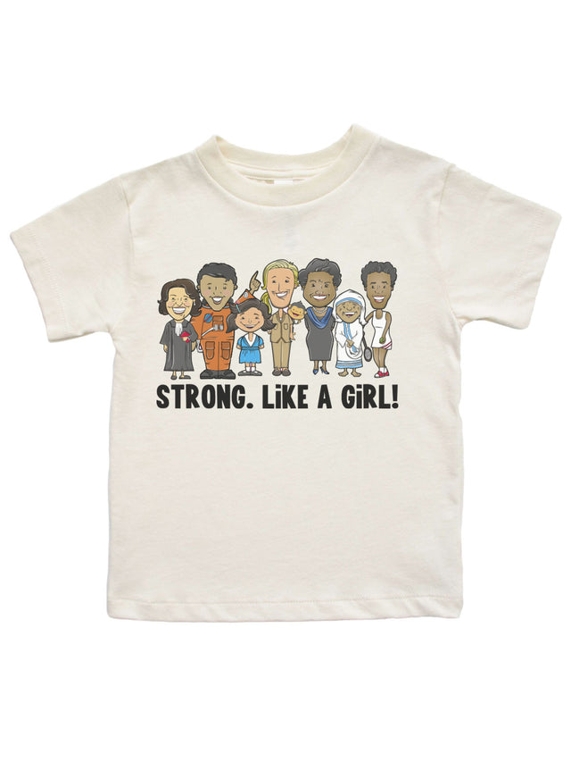 Strong Like a Girl kids' Women's History Month t-shirt featuring illustrated historic women, natural color.