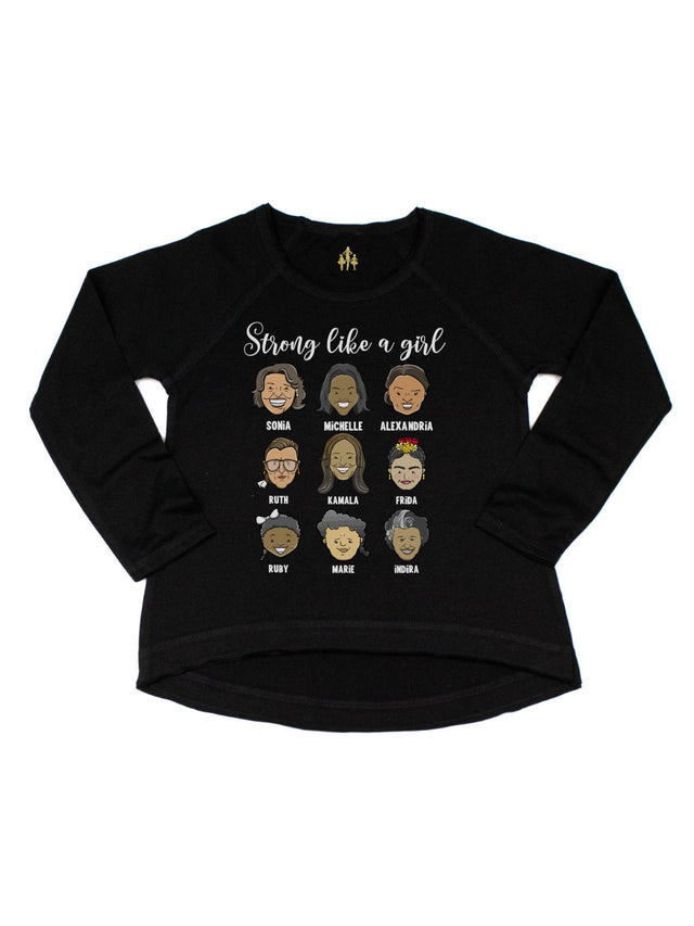 Black long sleeve kids Women's History Month shirt with inspiring women in history.