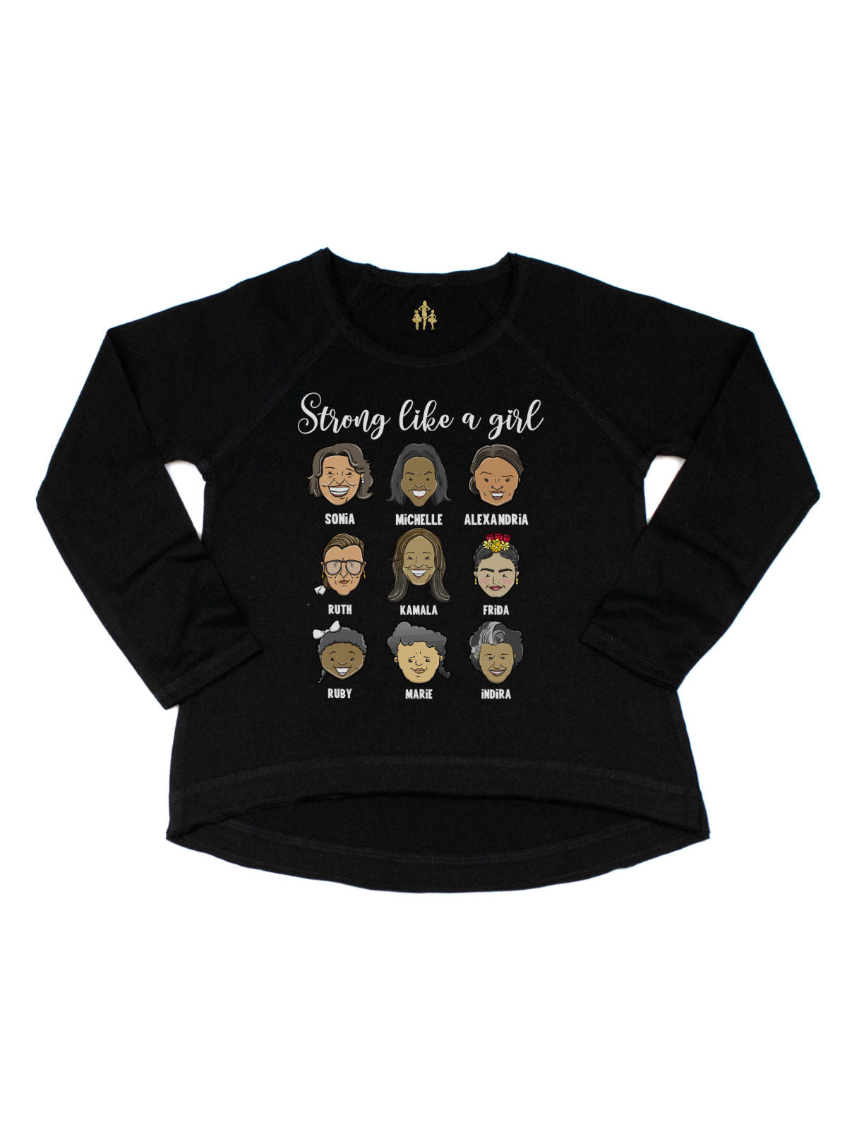 Strong Like a Girl Kids Women's History Month Black Short Sleeve Shirt featuring historical female leaders.