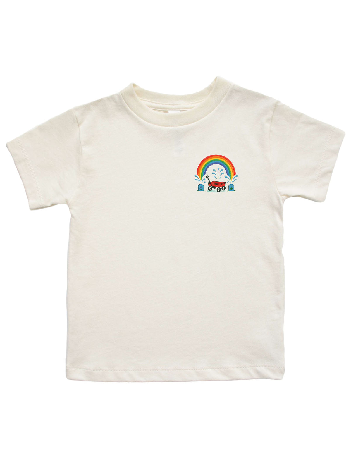 Natural-colored kids t-shirt with embroidered red wagon, rainbow, and water sprinkler design on front chest