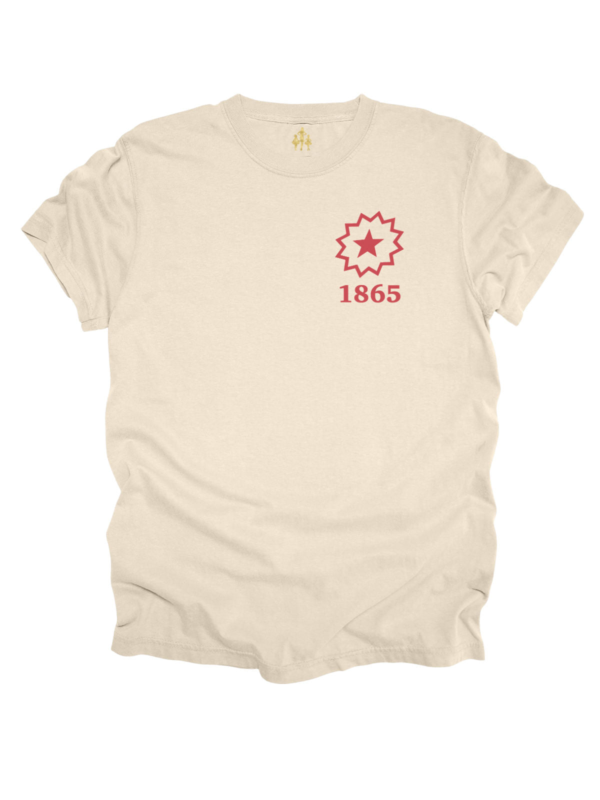Cream Juneteenth shirt with red 1865 sunburst chest logo and back design reading “Galveston, TX – June 19, 1865 – The Real Independence Day”