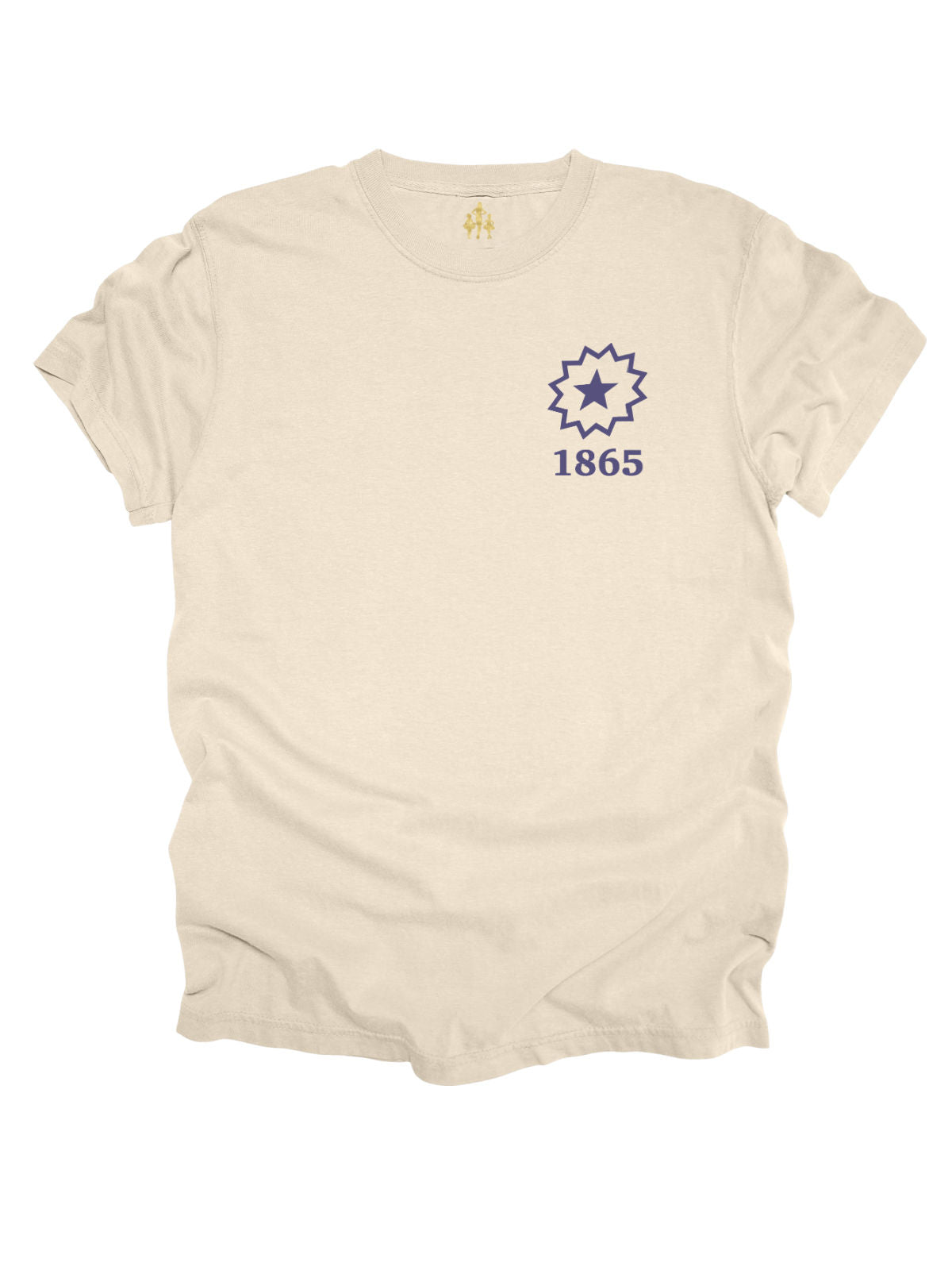 Back view of cream adult Juneteenth shirt featuring a historical marker reading "Galveston, TX - June 19, 1865 - The Real Independence Day" with front chest design showing Juneteenth sunburst and "1865"
