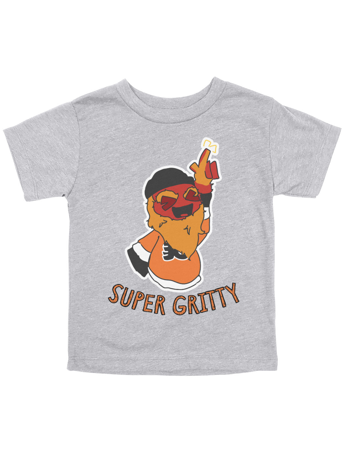 A toddler heather gray short-sleeve t-shirt featuring a cartoon graphic of a bearded character wearing sunglasses and a black beanie, holding up a beer, with the text 'SUPER GRITTY' printed below.