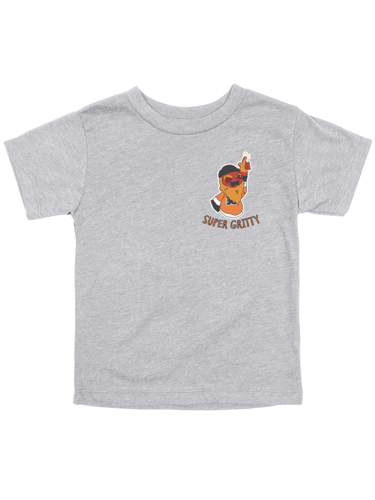 Heather gray Super Gritty kids shirt with Philadelphia hockey-inspired mascot pocket graphic