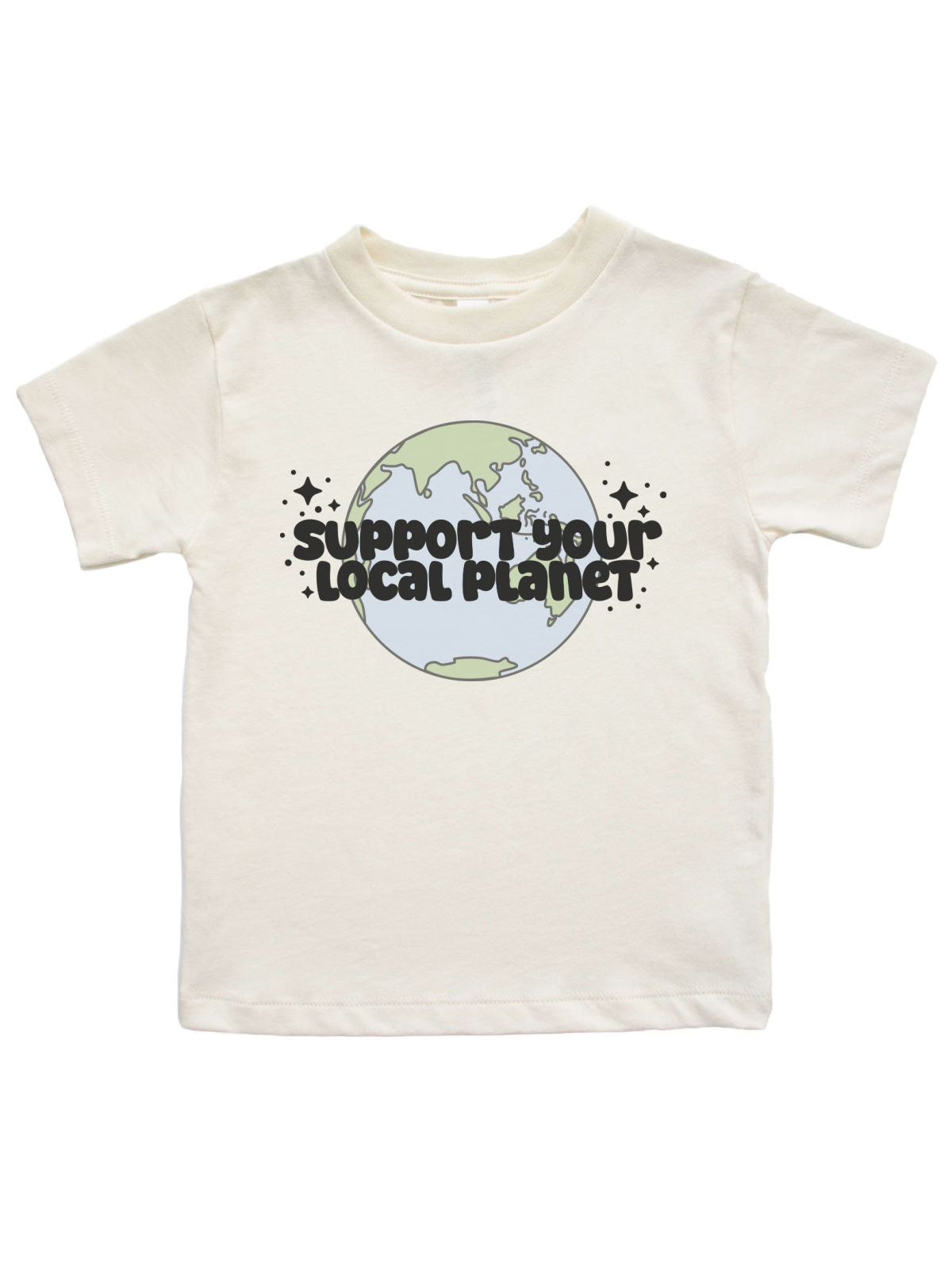Natural "Support Your Local Planet" kids Earth Day shirt with pastel globe illustration

