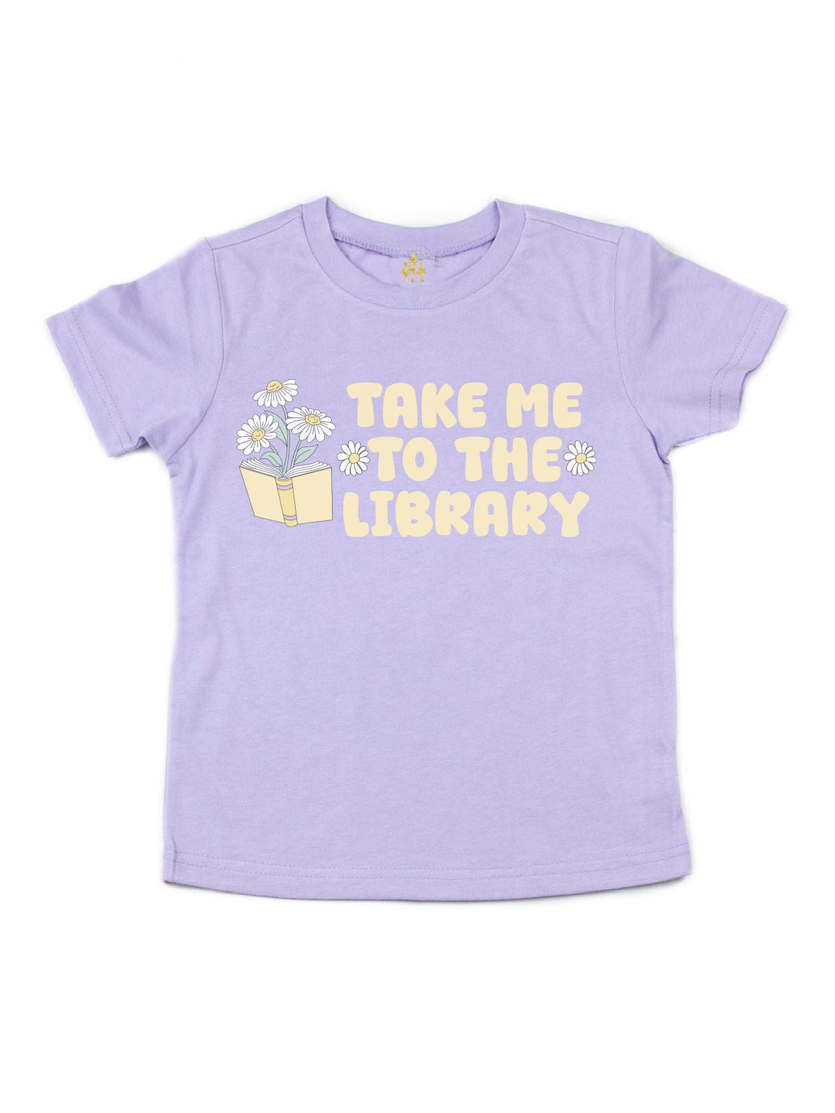 Dusty blue kids' spring shirt with "Take Me to the Library" text and a vintage-style book and daisy illustration. Soft cotton, perfect for little bookworms.