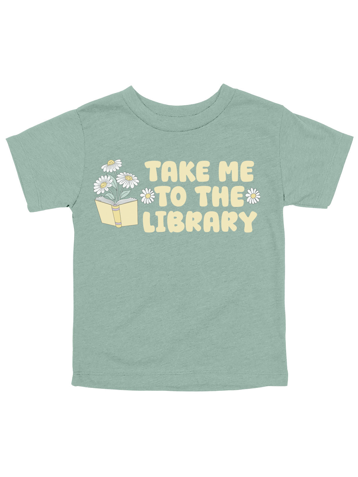 Dusty blue kids' spring shirt with "Take Me to the Library" text and a vintage-style book and daisy illustration. Soft cotton, perfect for little bookworms.