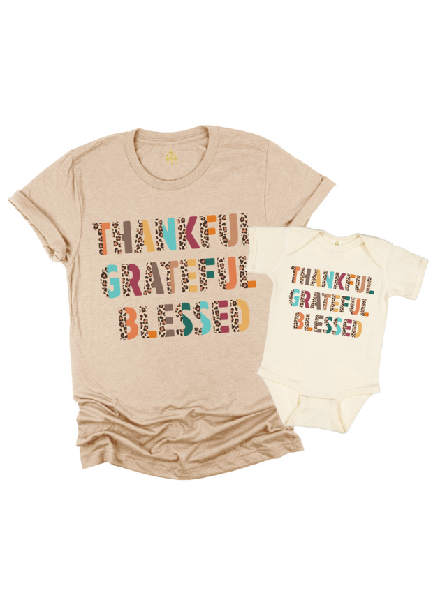 Thankful Grateful Blessed Mother Daughter Matching Thanksgiving Shirts in Natural