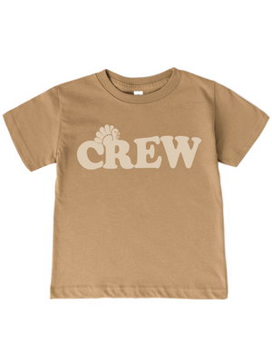Short sleeve brown kids shirt with Turkey and CREW in retro writing