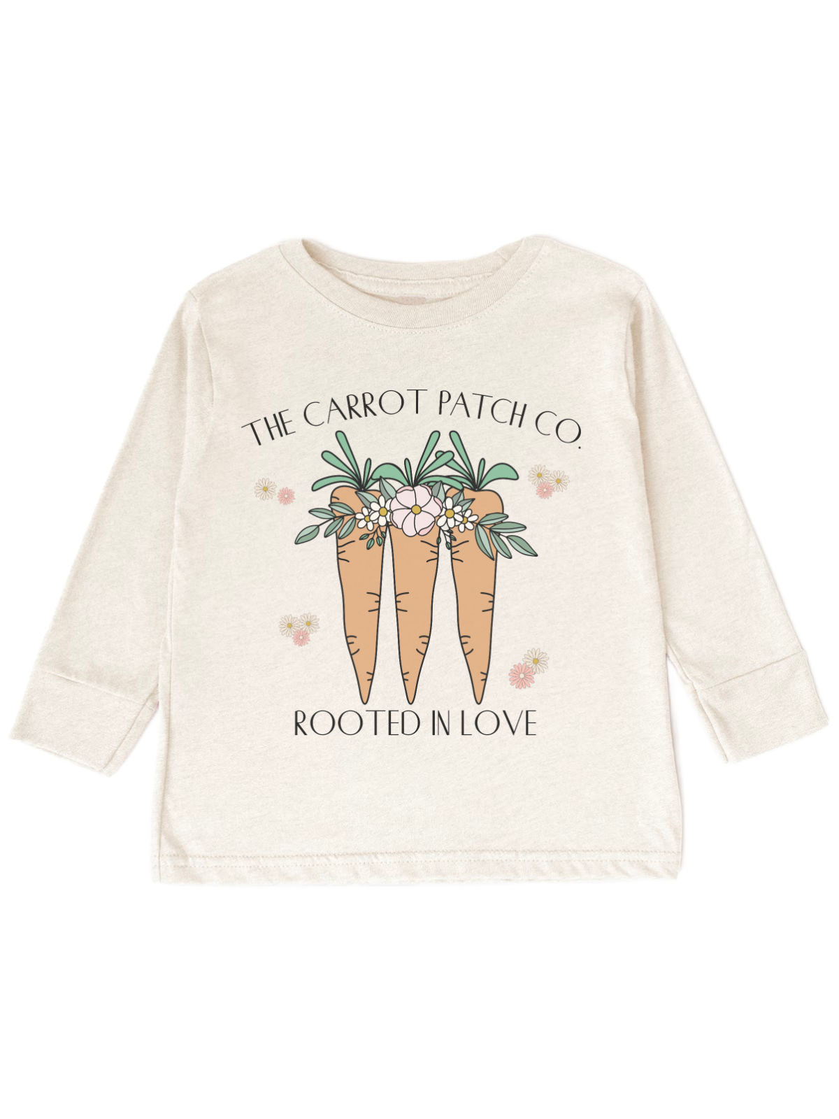 Kids' Easter long sleeve shirt with Rooted in Love carrot design