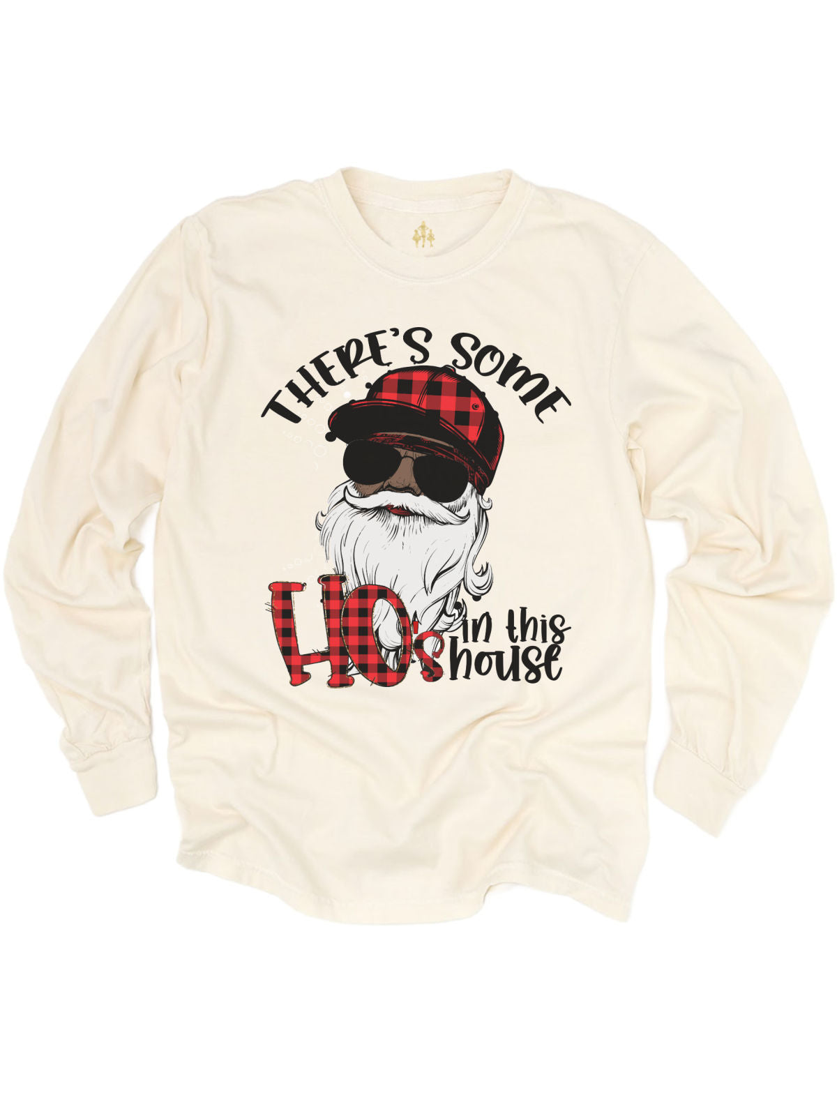 Long sleeve heather gray adult t-shirt that says There's Some Ho's in this House Christmas shirt