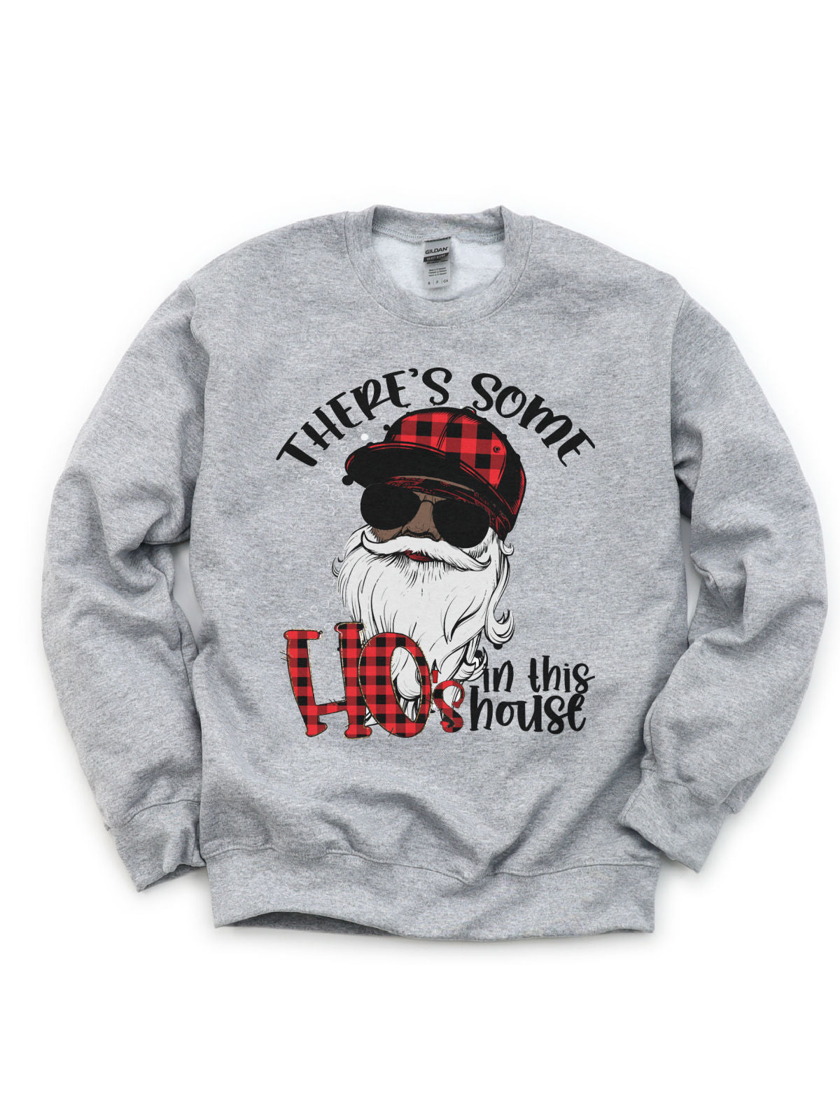 White long sleeve adult Christmas sweatshirt that reads There's Some Ho's in this House with a Black Santa