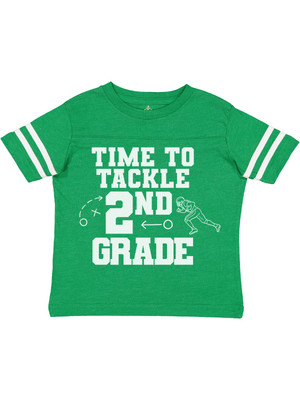 Second grade and fifth grade football back to school jersey shirts in green, black, and camo by Mackenzie Madison of Philadelphia
