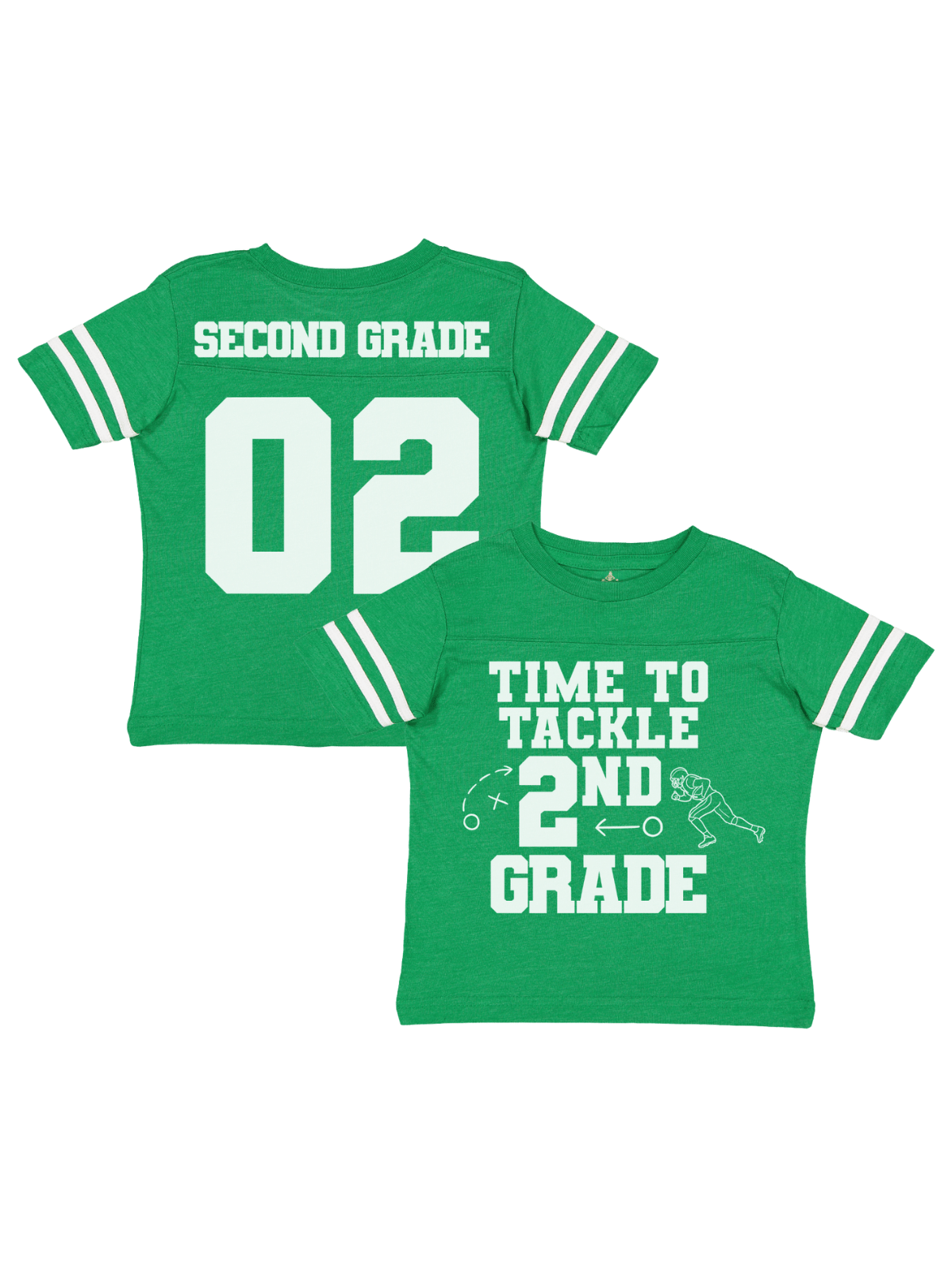 Second grade and fifth grade football back to school jersey shirts in green, black, and camo by Mackenzie Madison of Philadelphia