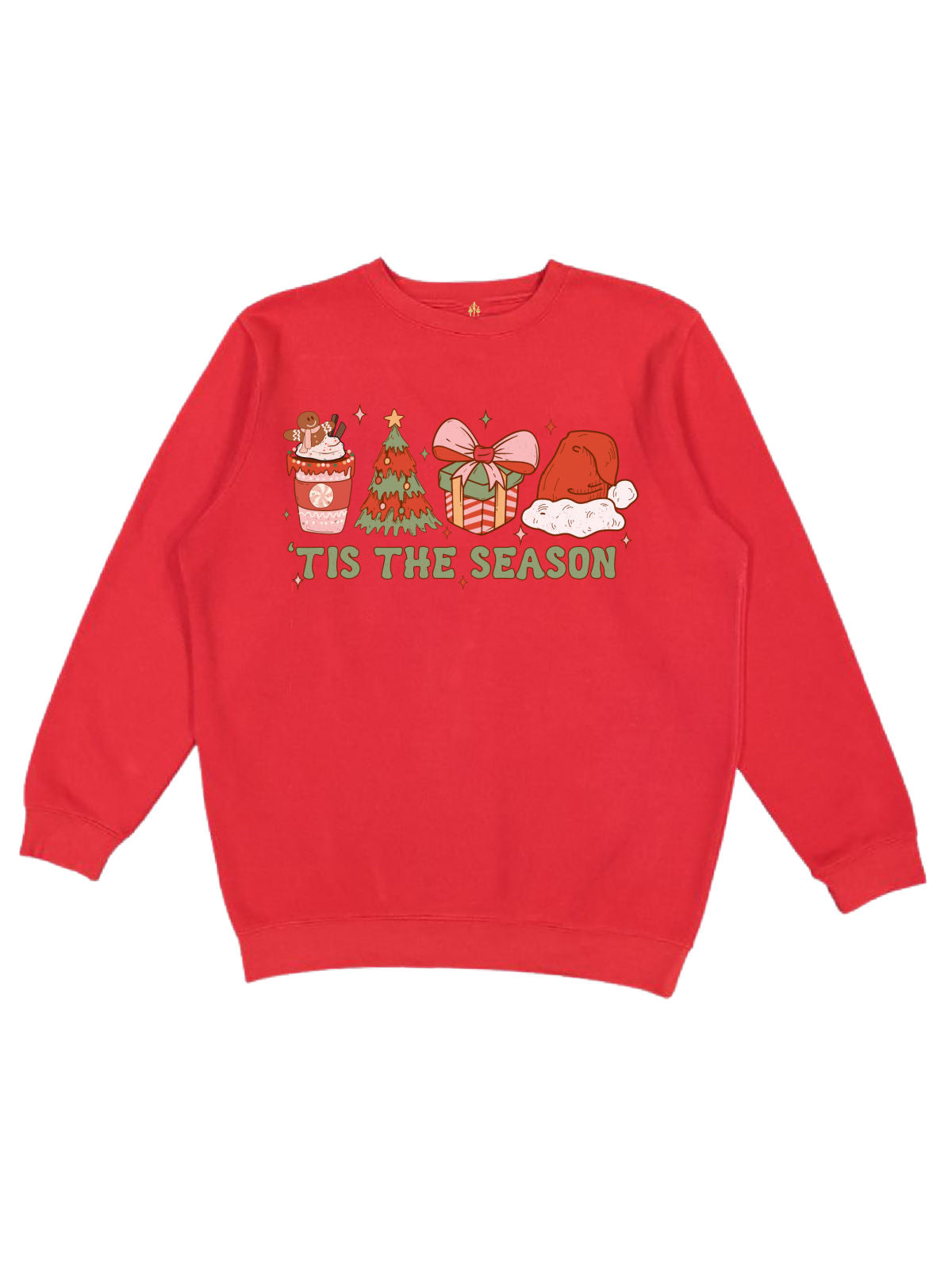 Long sleeve red adult sweatshirt that reads 'Tis the season with holiday drink, Christmas tree, present wrapped with bow, and Santa hat