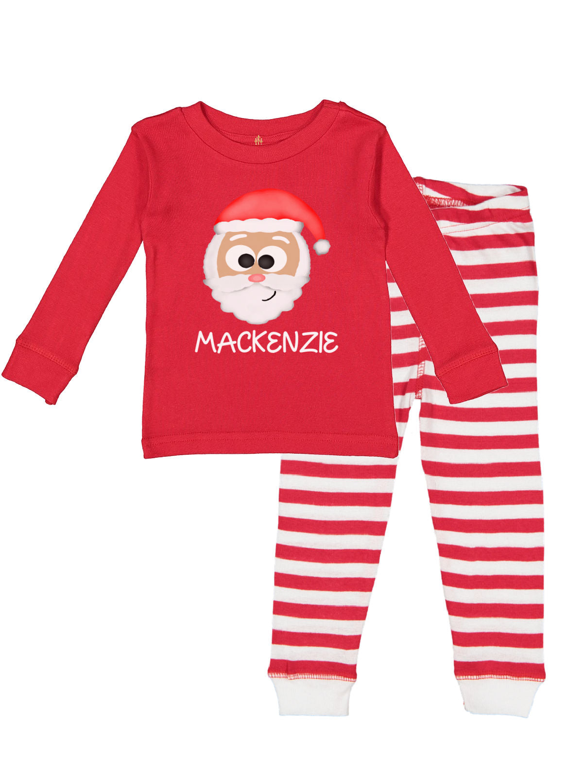 Personalized kids Christmas pajamas with red top and stripe bottoms