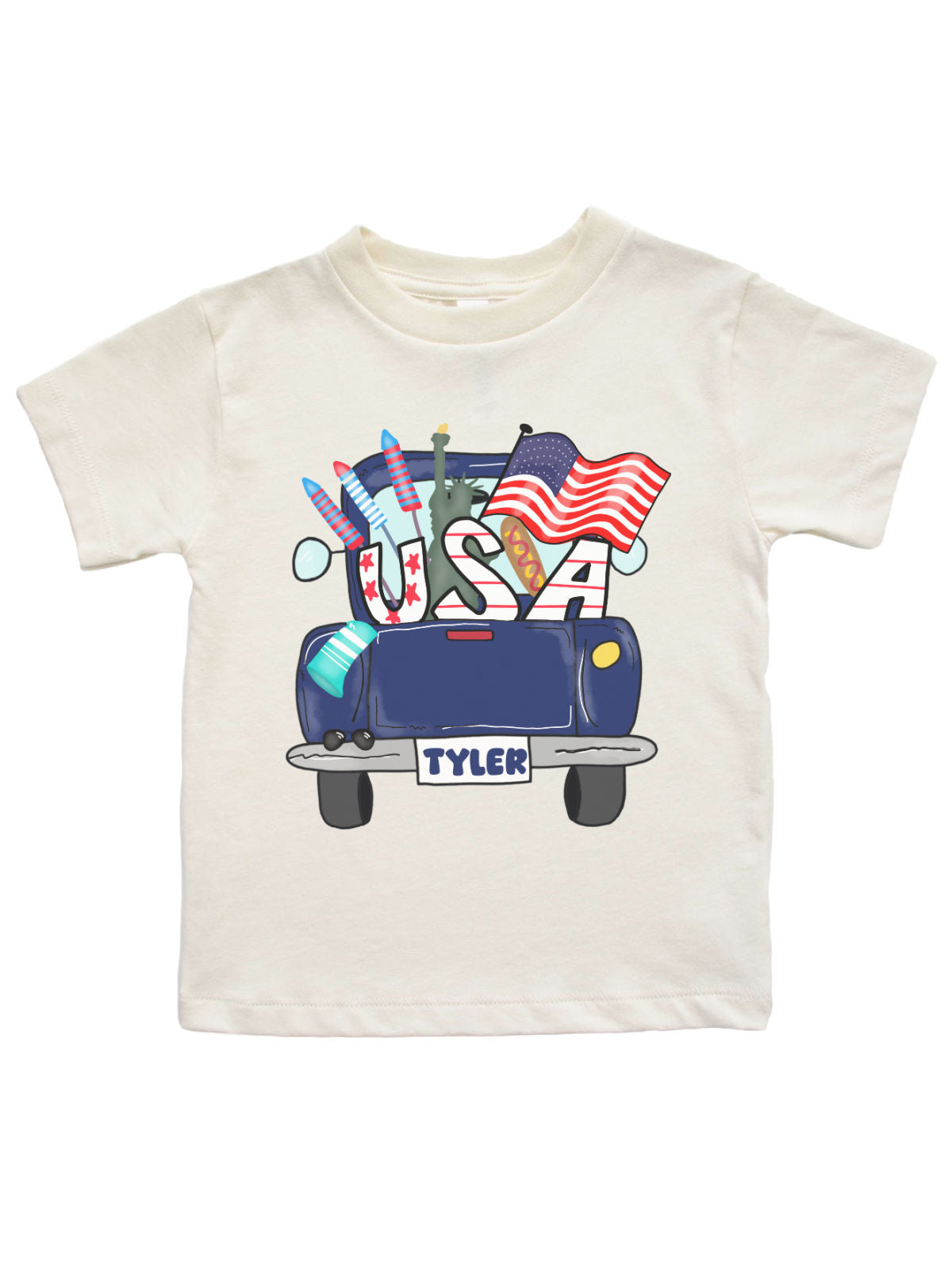 Natural short sleeve kids shirt with vintage blue truck, fireworks, sparklers, lady liberty, American flag, and USA. Customize license plate with name.