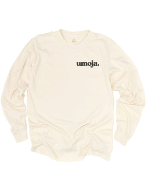 Long sleeve adult natural shirt with retro Umoja wording