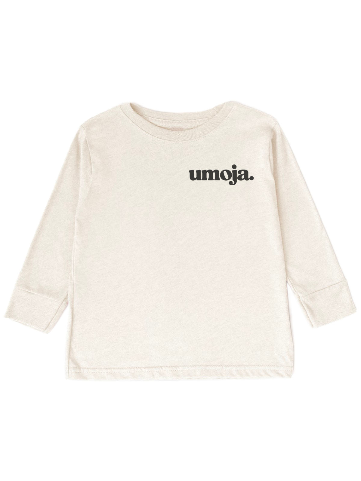 long sleeve natural kids shirt with umoja wording in retro font