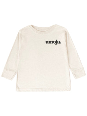 long sleeve natural kids shirt with umoja wording in retro font