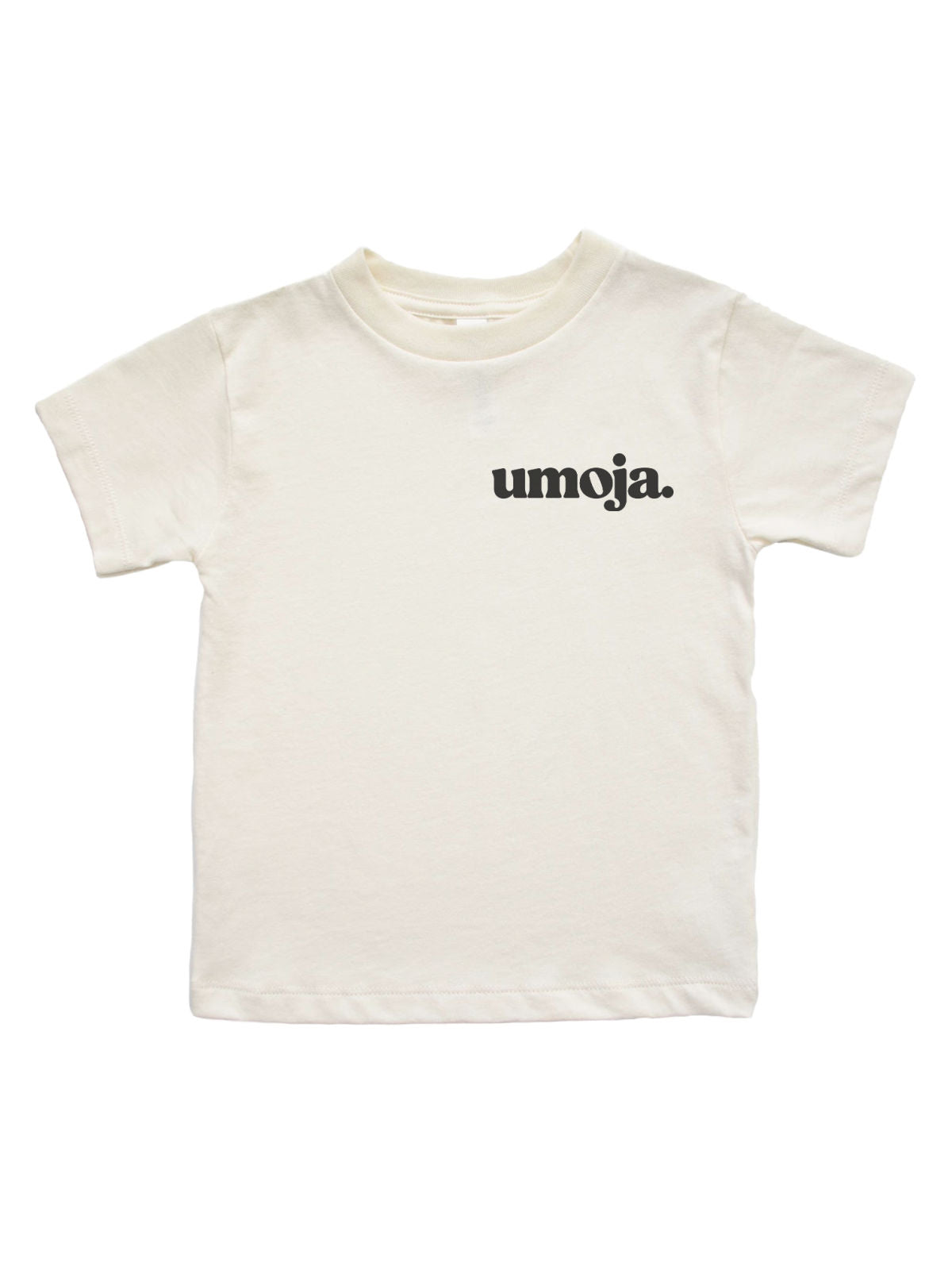 long sleeve natural kids shirt with umoja wording in retro font