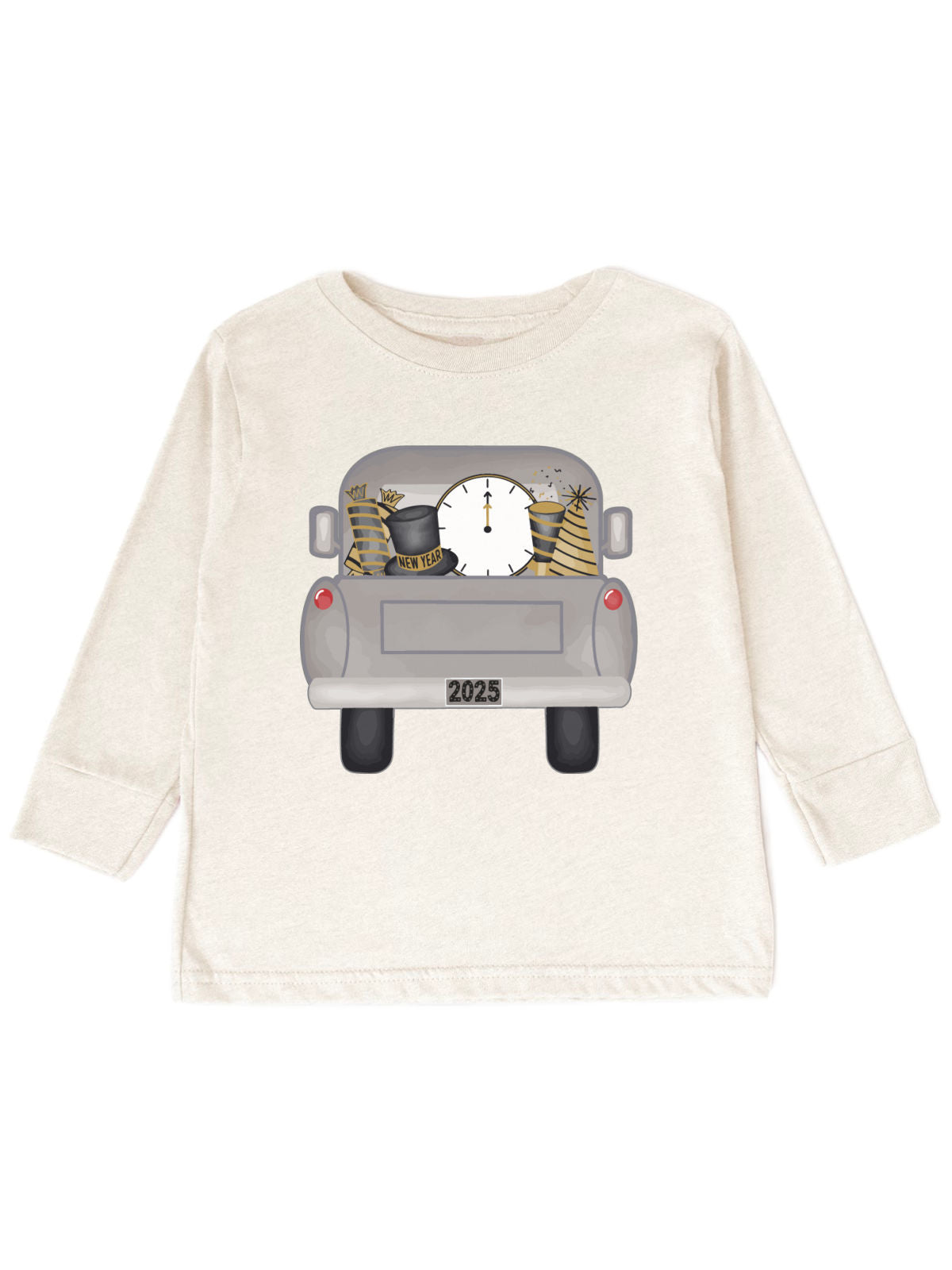 kids long sleeve natural t shirt with gray vintage truck, clock, new year hat