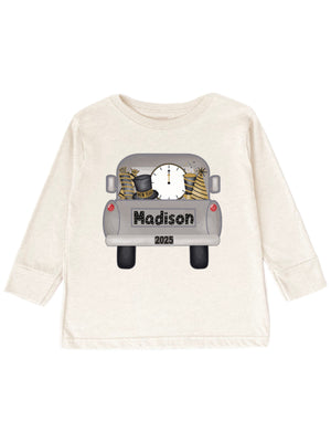 kids long sleeve natural t shirt with gray vintage truck, clock, new year hat