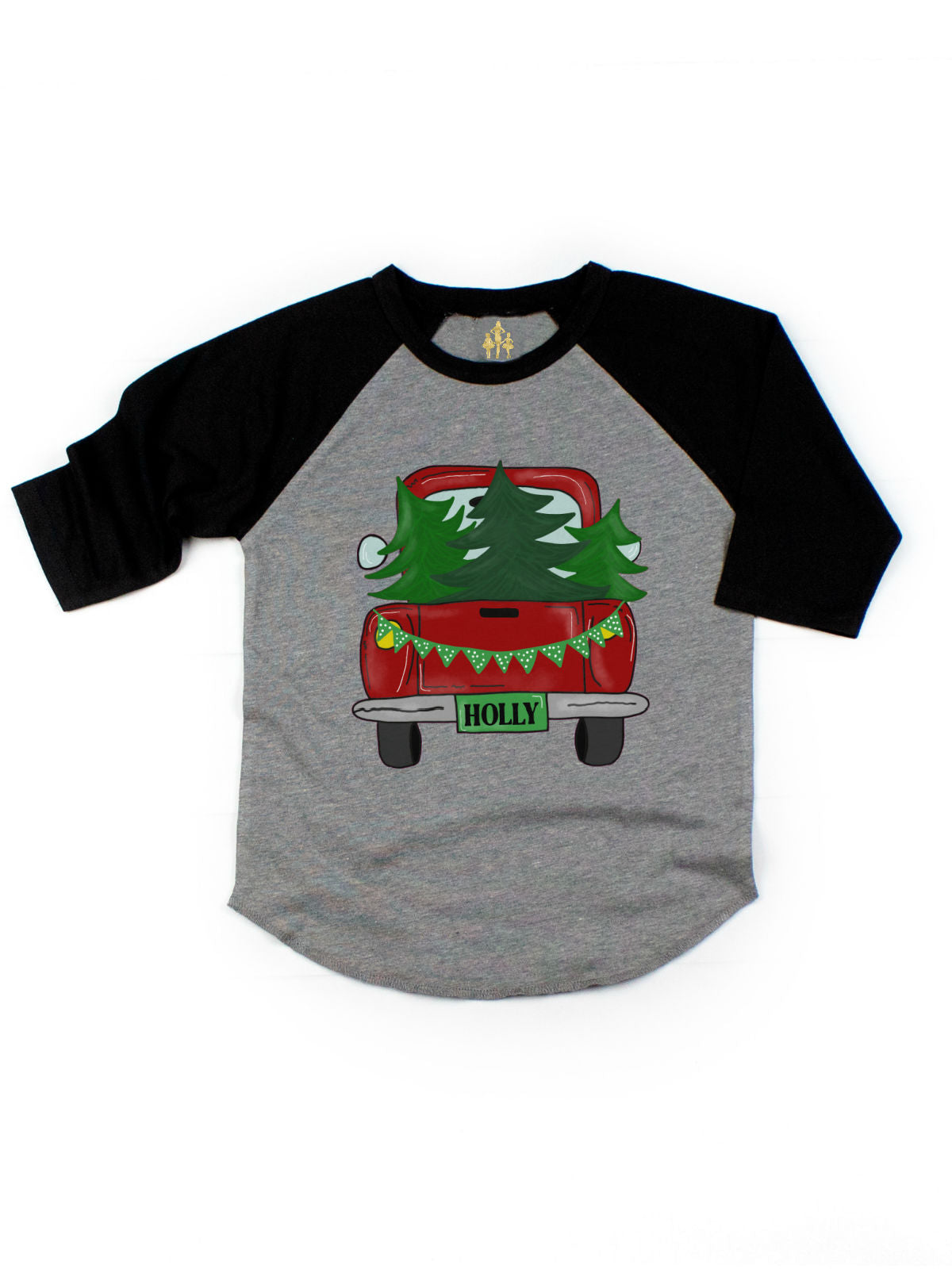 black and gray kids raglan t-shirt with red vintage truck carrying evergreen trees license plate personalized with name Holly