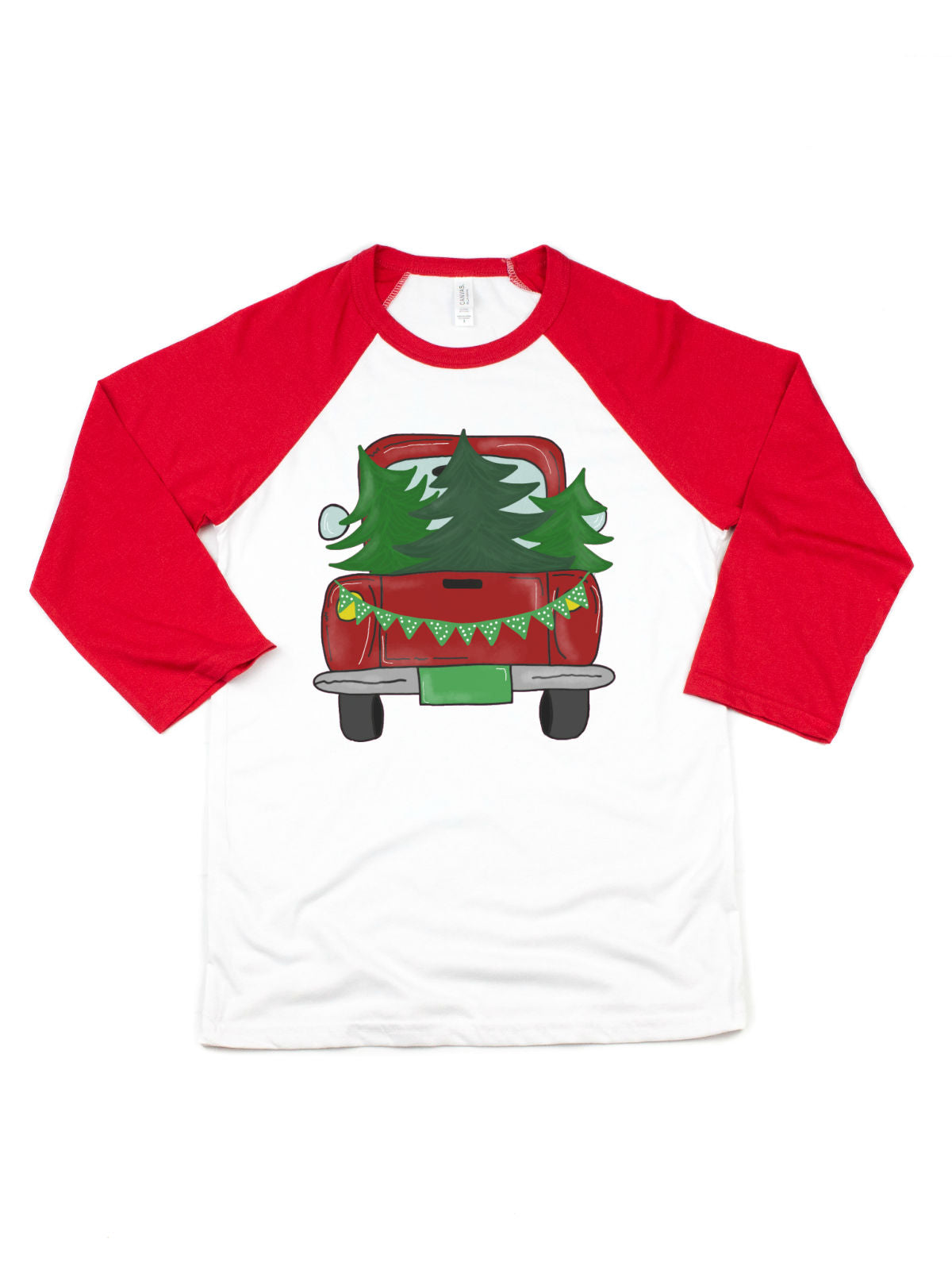 Red and white adult raglan shirt with vintage red Christmas tree truck