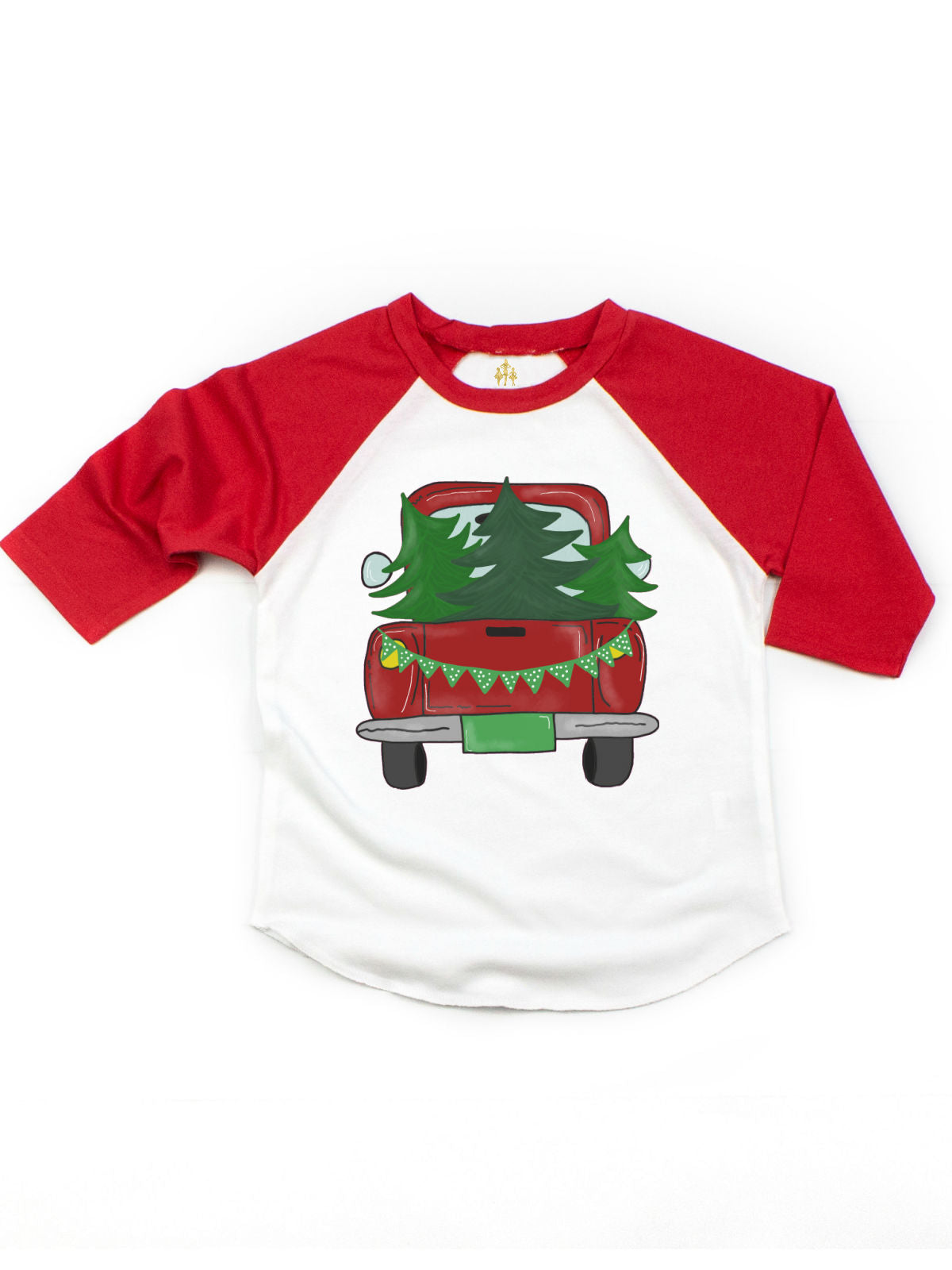 Red and white kids raglan t-shirt with vintage red truck carrying green spruce Christmas trees