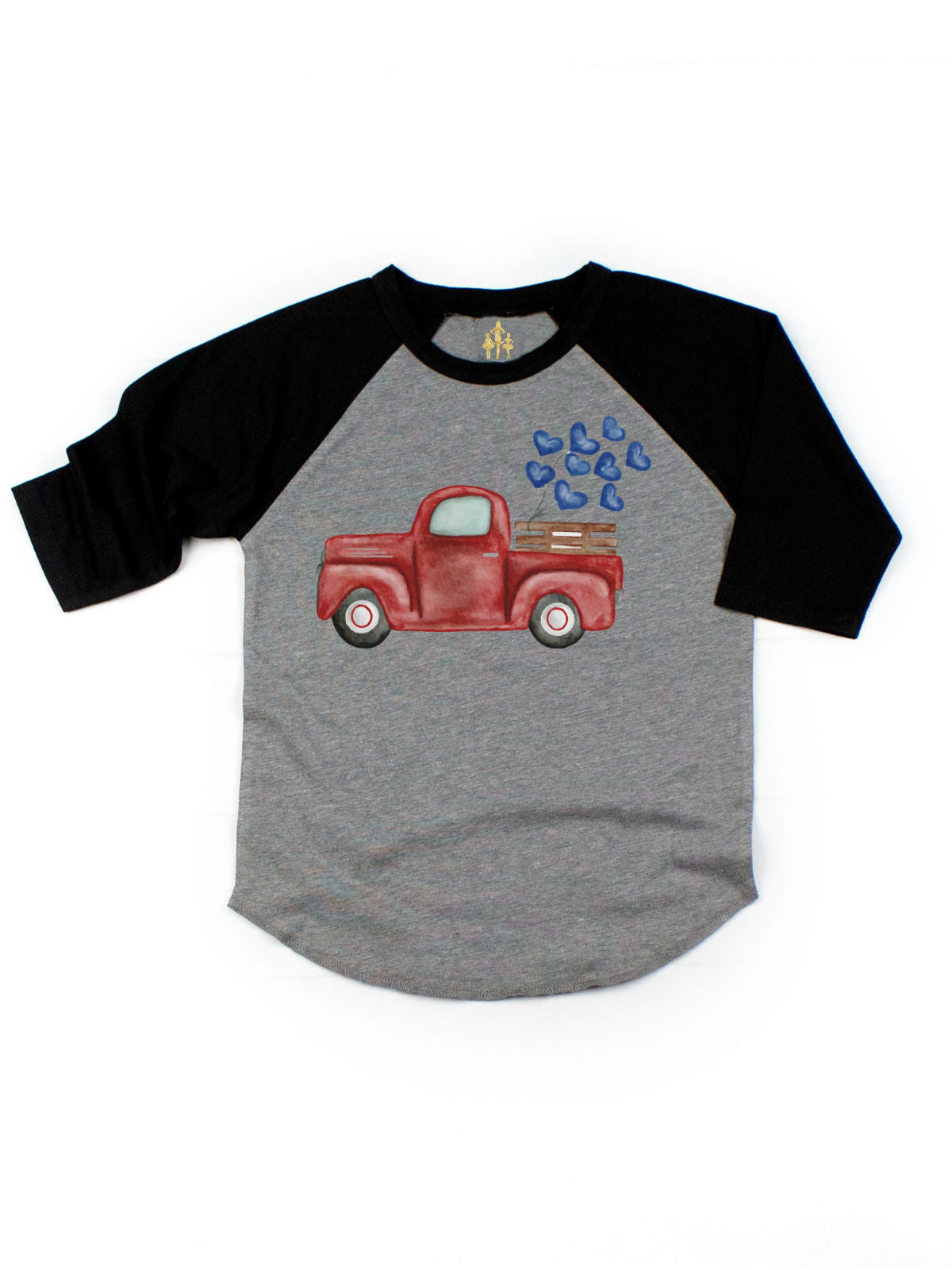 Black and gray kids raglan style shirt with vintage red truck and blue hearts personalized with name