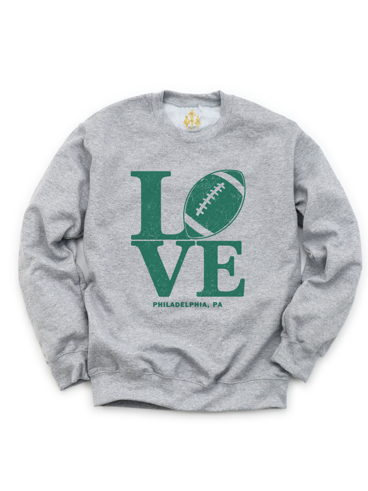 A heather gray crewneck sweatshirt featuring a green graphic that spells 'LOVE' with a football replacing the letter 'O', and 'PHILADELPHIA, PA' printed below in small green text.