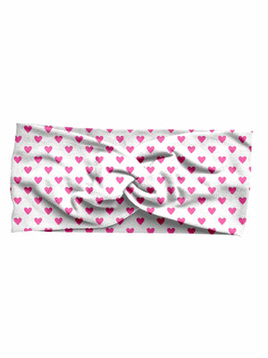 Girls pink and white hearts Valentine twist headband made from custom printed double brushed poly fabric, handmade accessory.