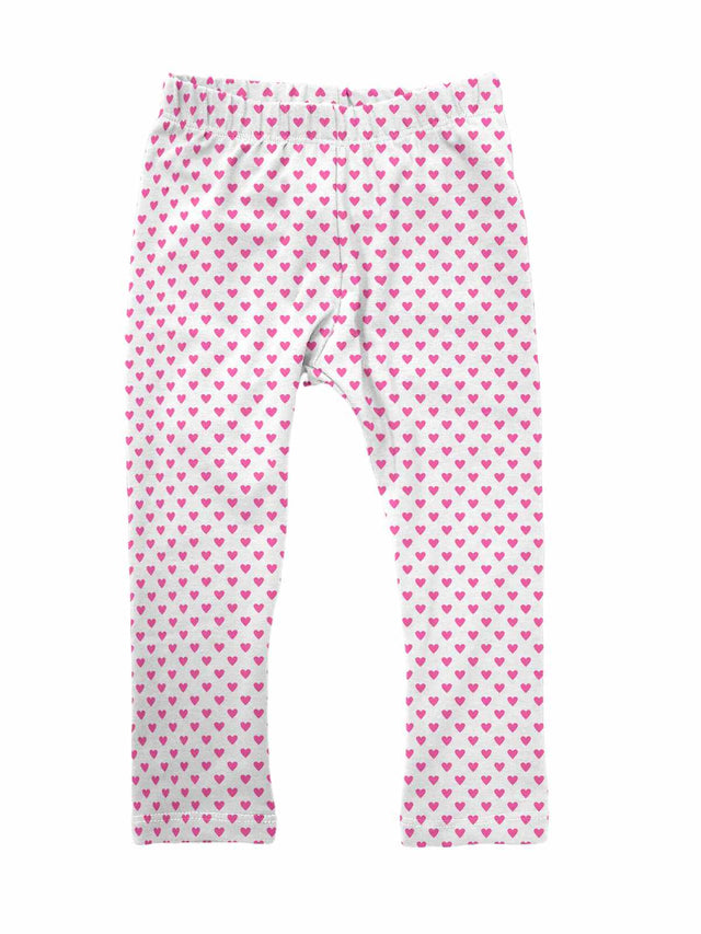 girls' Valentine's Day leggings with pink hearts on white background, handmade with custom double-brushed poly fabric.