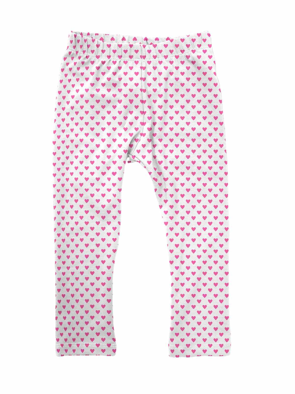 Big girls' Valentine's Day leggings with pink hearts on white background, handmade with custom double-brushed poly fabric.
