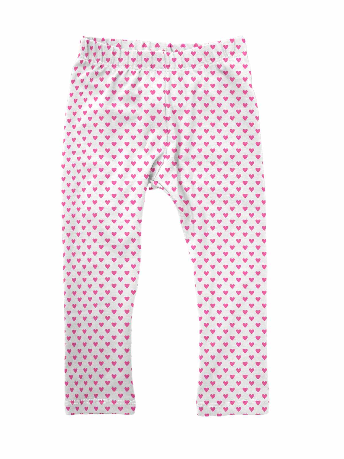 girls' Valentine's Day leggings with pink hearts on white background, handmade with custom double-brushed poly fabric.