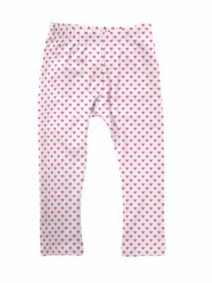 girls' Valentine's Day leggings with pink hearts on white background, handmade with custom double-brushed poly fabric.