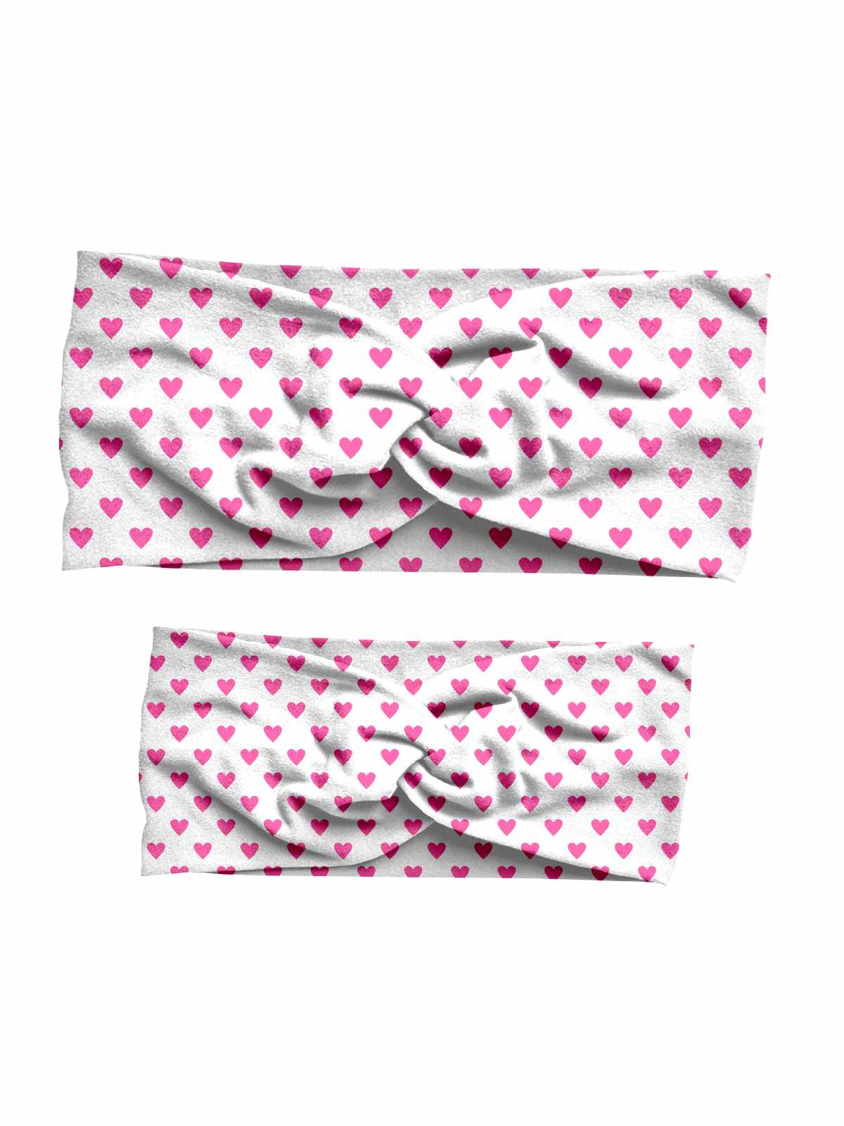 Mommy and me pink and white hearts matching headband set, handmade with custom double brushed poly fabric for Valentine's Day.