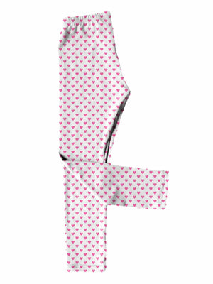 Big girls' Valentine's Day leggings with pink hearts on white background, handmade with custom double-brushed poly fabric.