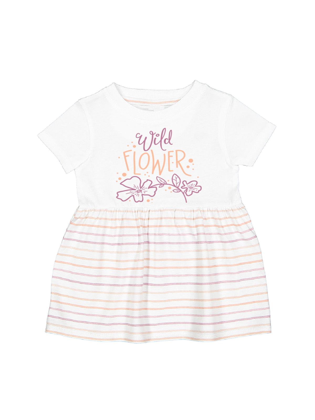 Baby Girl Wild Flower Dress in White, Short Sleeve with Striped Skirt